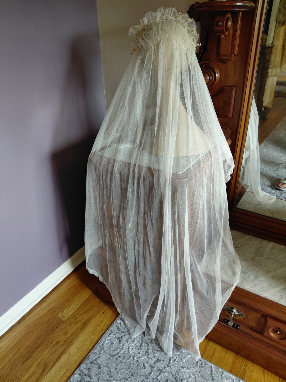 Antique Vintage 1920&rsquo;s Wedding Bridal Veil Wax Orange Blossom Buds Peach Ribbons