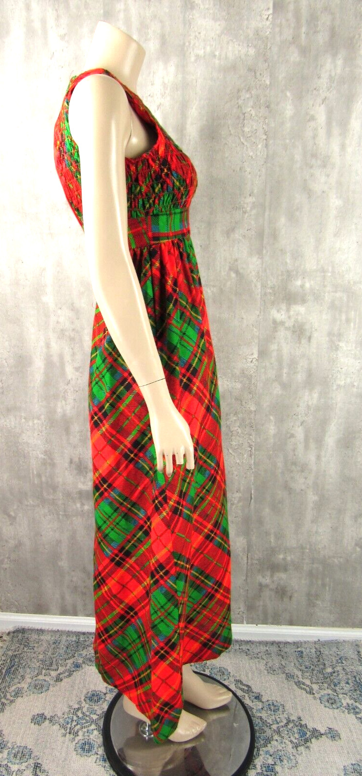 Vintage I. Magnin 60s 70s Red Plaid Empire Smocked Maxi Dress XS/S Jrs 5