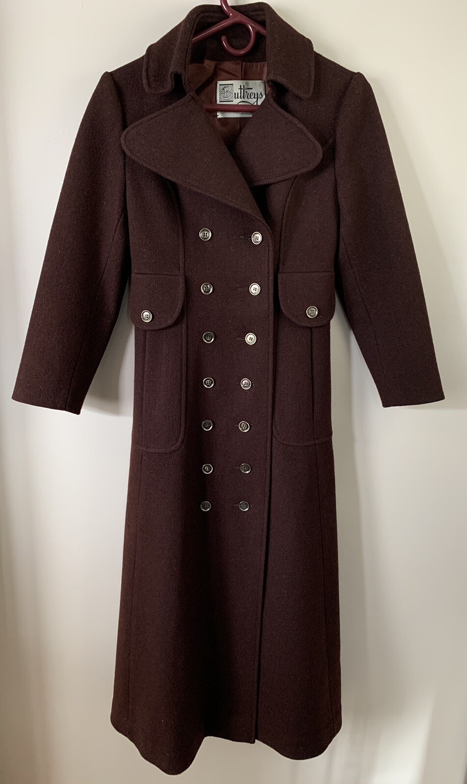 Vintage Womens Wool Double Breasted Long Coat No Size Tag Wine EUC Steam Punk