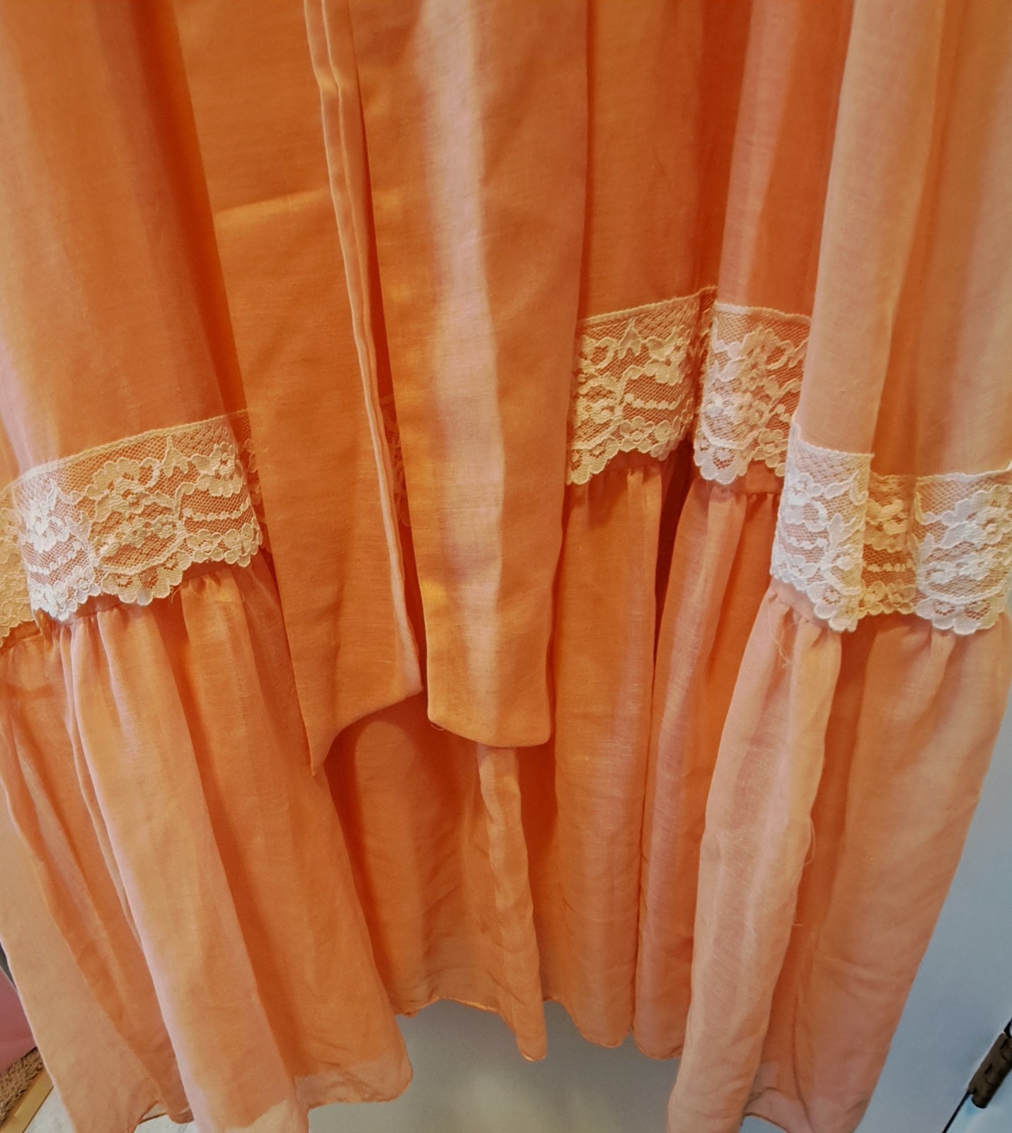 Vtg 70s Peach Chiffon Lace Prairie Granny Victorian Prom Maxi Gown Sz 7/8 Flaws