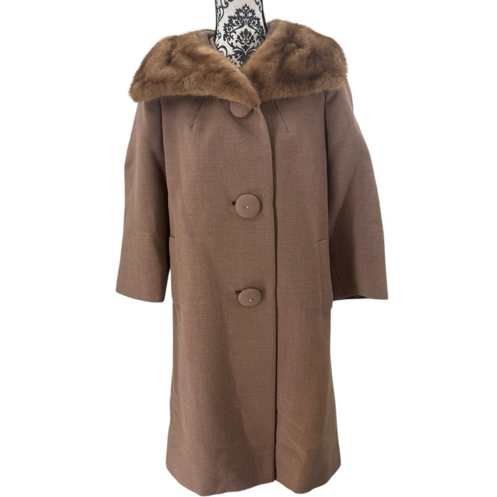 Vintage 50s Rhodes Portland Peau de Faille Wool Coat w/ Genuine Mink Fur Collar