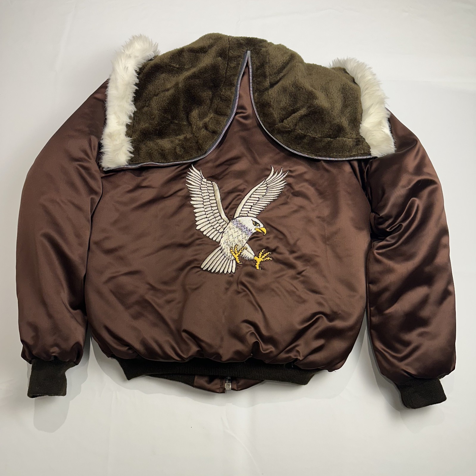 70s VTG Bomber Korea Souvenir Jacket Eagle Faux Fur Split Hood Embroidered Large