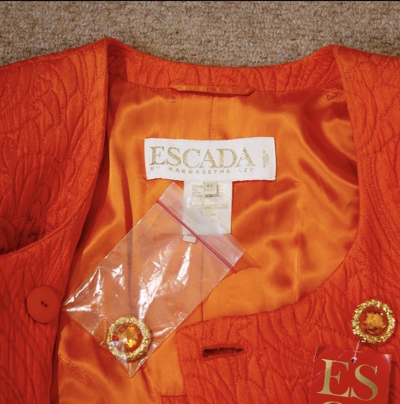 Vintage 1980s Escada Orange Wool Silk Skirt Suit Gold Button Size M UK 12