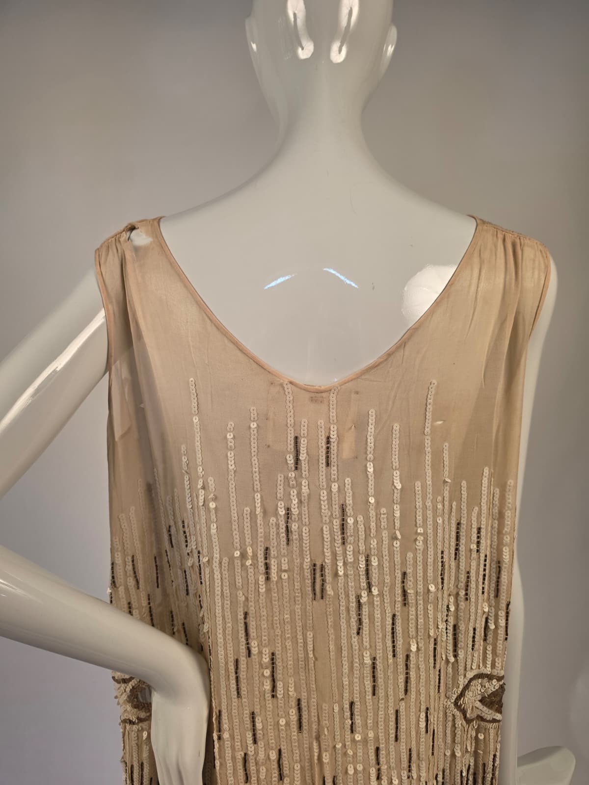 FRENCH COUTURE FLAPPER 1920’S SILK CHIFFON DRESS W SEQUINS + BEADS + SILVER LAME