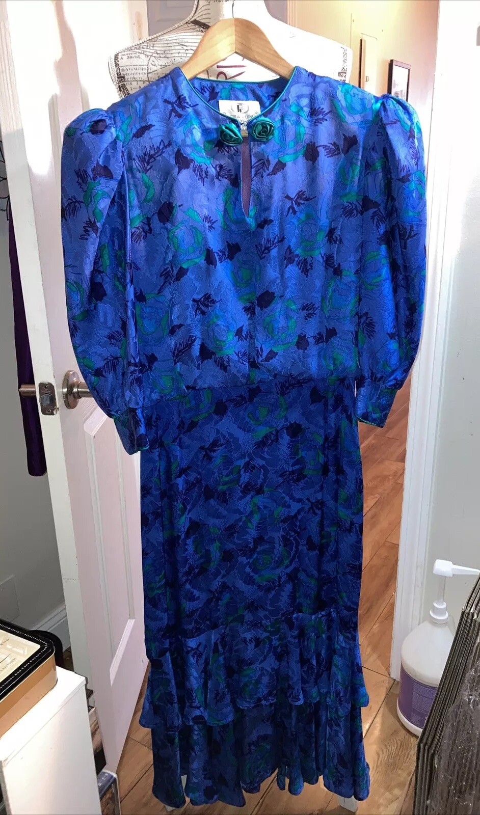 Vintage 80&rsquo;s 90s Flora Kung 100% Silk Floral Dress Size 10 Blue Purple Green