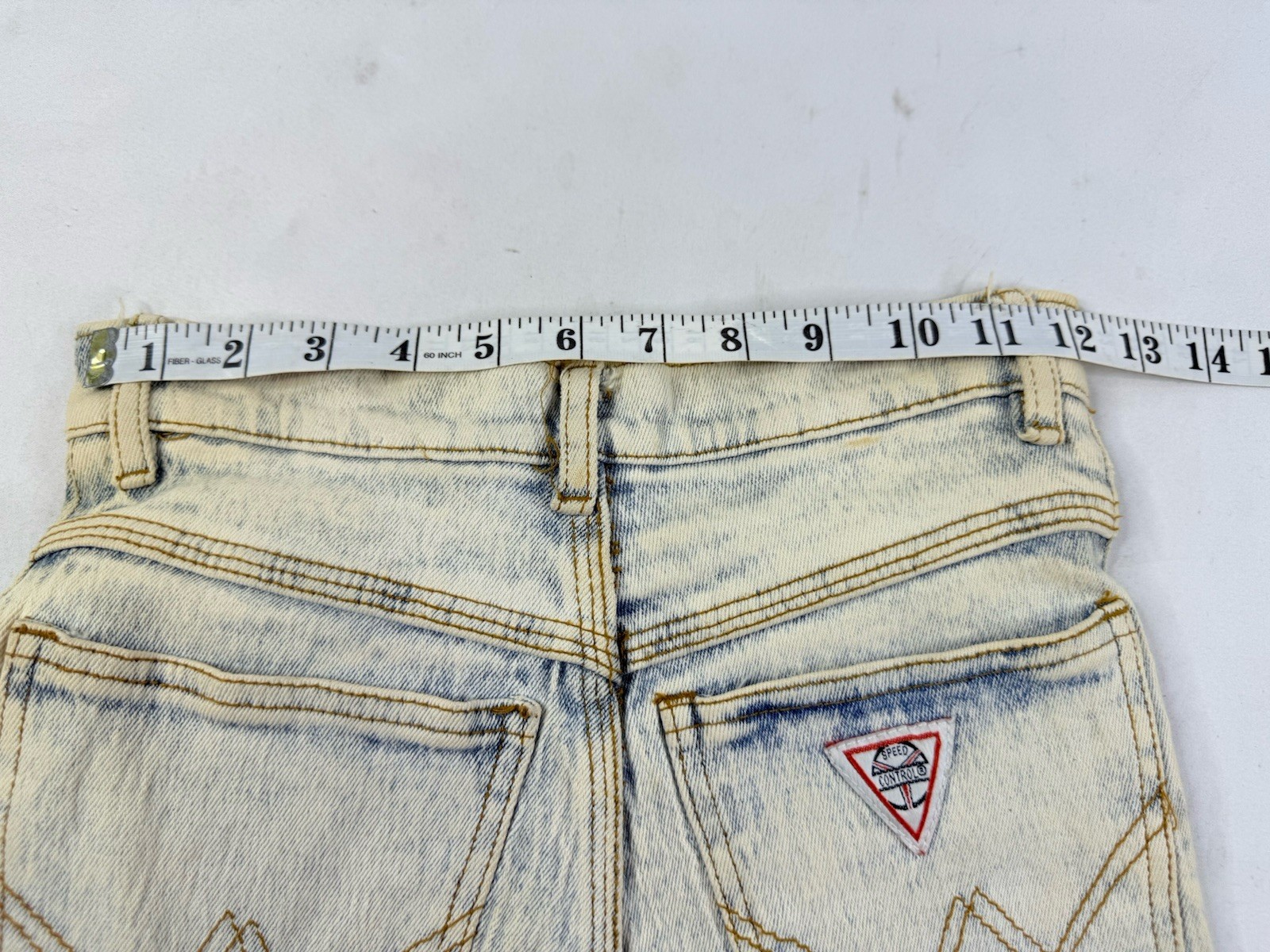 Vintage 90s Acid Stonewashed Jeans Speed Denim Sz 3/4 Frayed Patch Stretch 80s