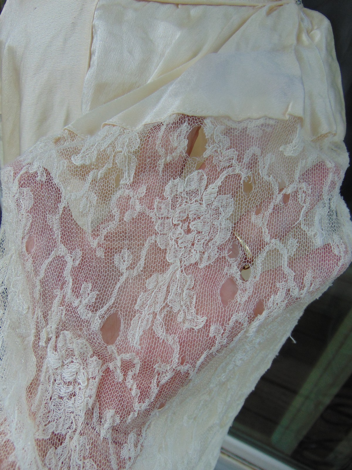 1920s Champagne Satin & Lace Robe de Style Wedding Dress AS IS