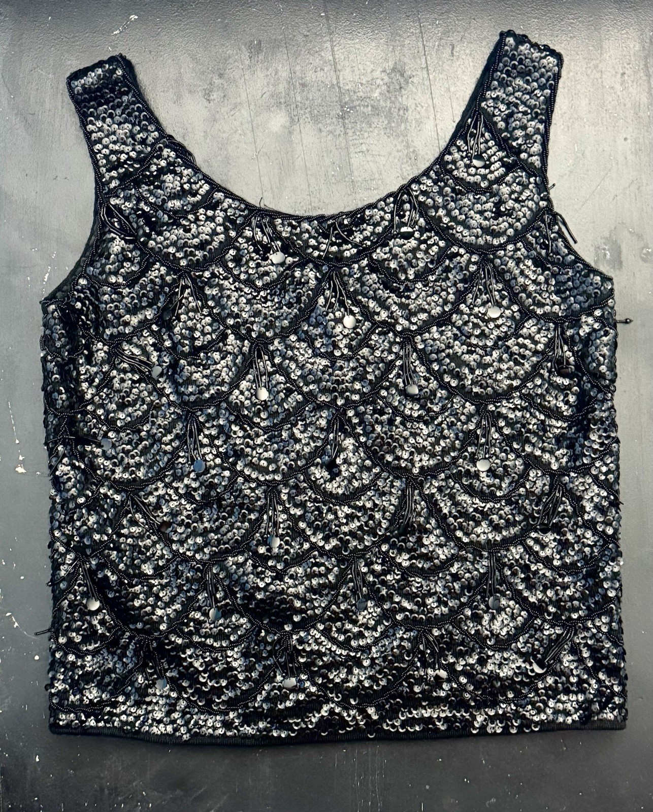 Vintage 1960s Black Beaded Sequin Top – Scalloped Fringe Cocktail Blouse