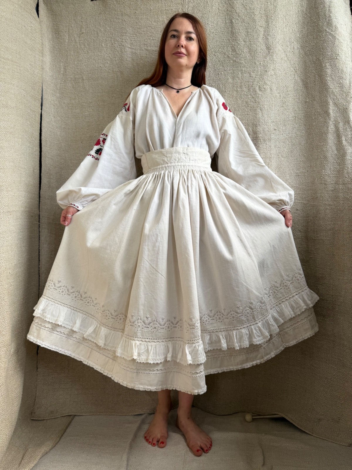 Vintage embroidered Romanian embroidered folk skirt with jewelry details