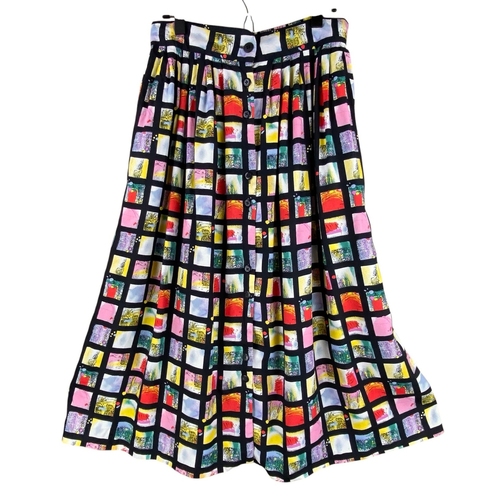 Vintage 80&rsquo;s Midi Skirt Size L Button Front A.F.K. New York Flowy Art To Wear