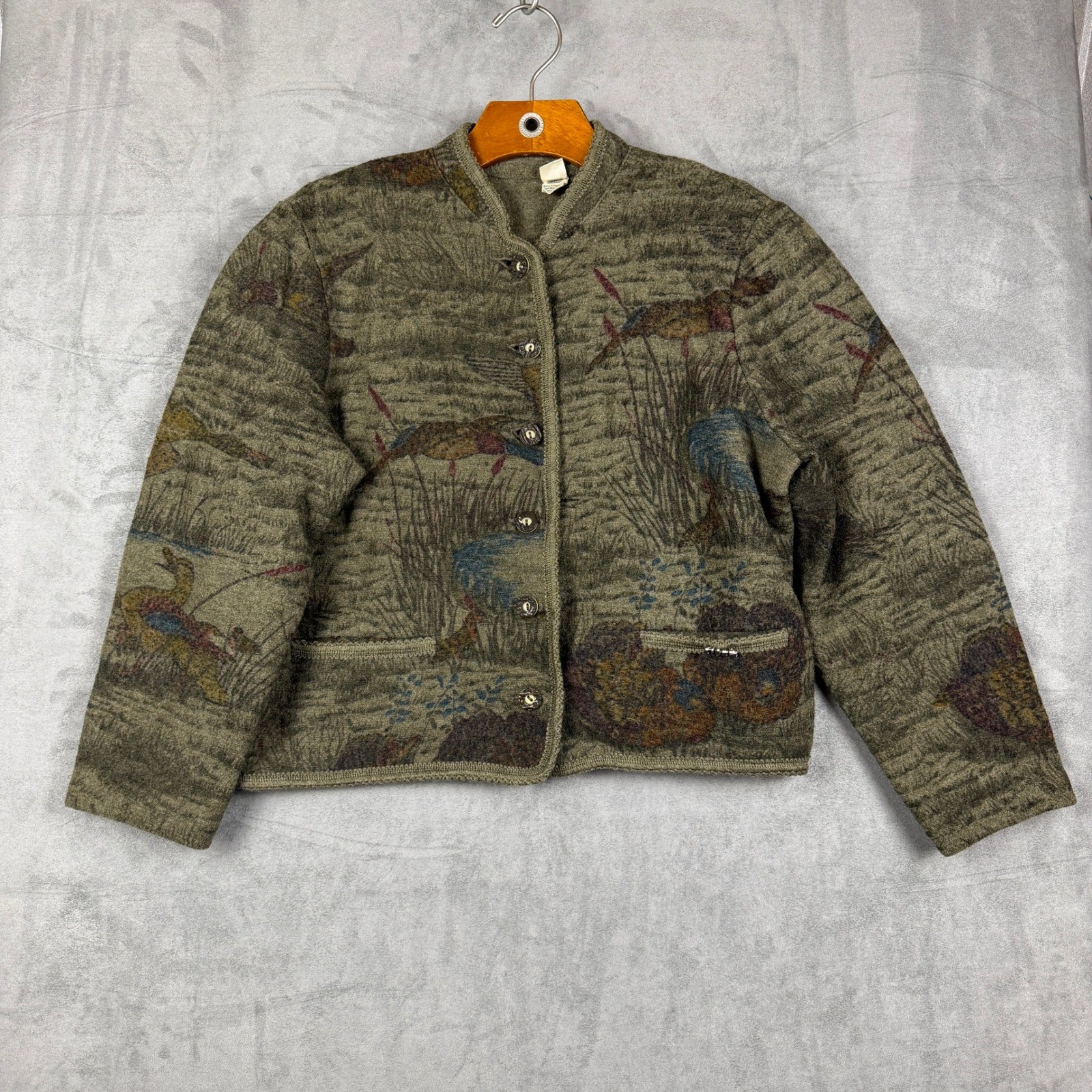 Litza Vintage West Germany Pure Wool Pheasant Hunting Scene Jacket Green Sz 42