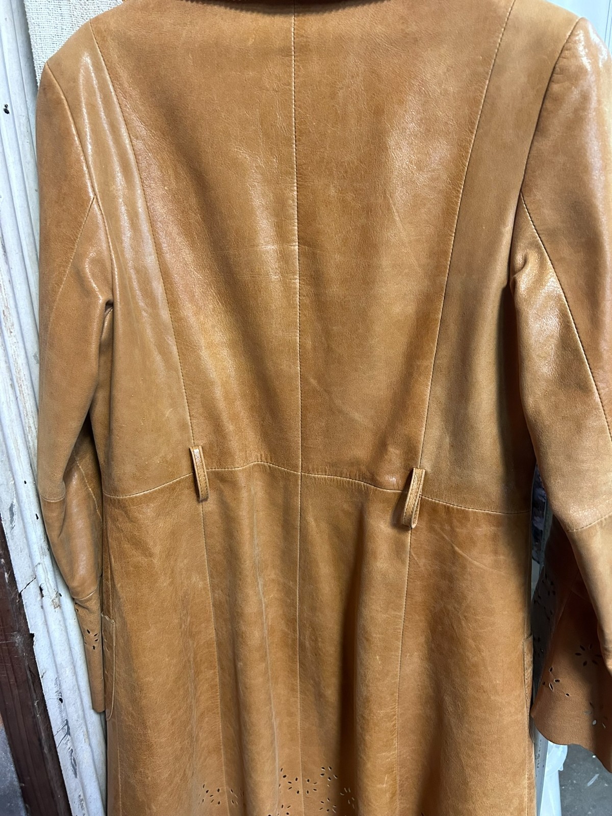 Vintage Leather Jacket Skirt Set Womens S 4 Camel Cutwork Floral Belted