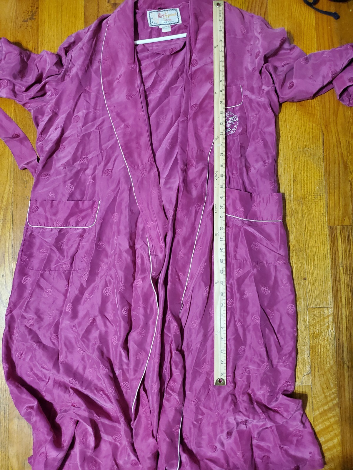 Vintage Solz Squirrel Kimono Robe Silk Magenta Size Large Belted Oriental Pocket
