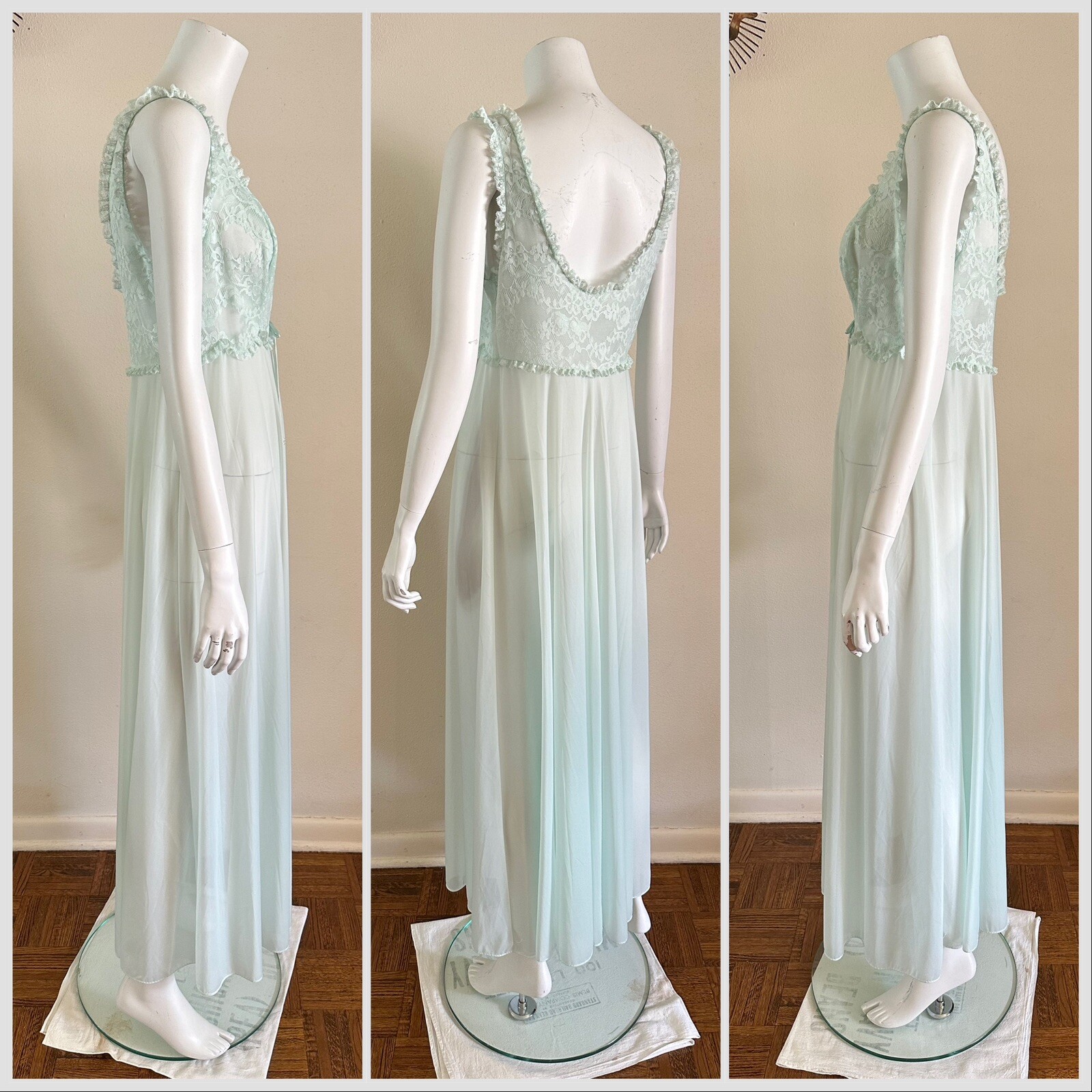 1960s Vanity Fair Mint Green Nylon Tricot Lace Nightgown Slip Dress Negligee VTG
