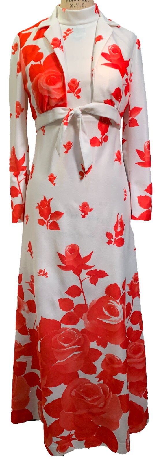 Vintage Pop Art White Polyester Gown with Red Roses – 2-Piece Ensemble – Sz S