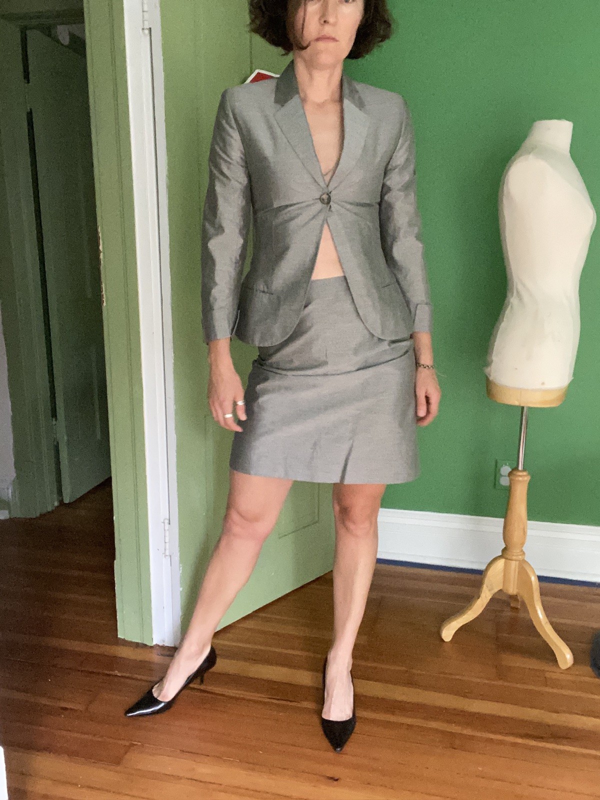 Vintage 1990s René Lezard Grey Skirt Blazer Suit 36 xS Office Look Corporate