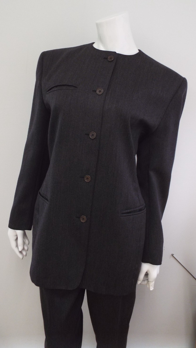 Vintage 1980s Claude Montana Gray Wool Pant Suit Jacket Blazer Shoulder Pads SM