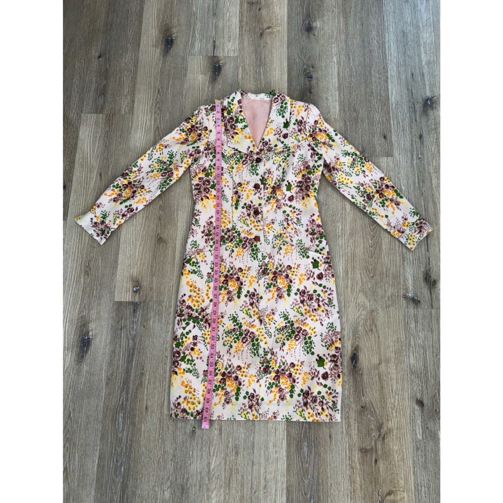 VTG Floral Long Sleeve Button Front Coat Dress Womens M Cream Brown Green Retro