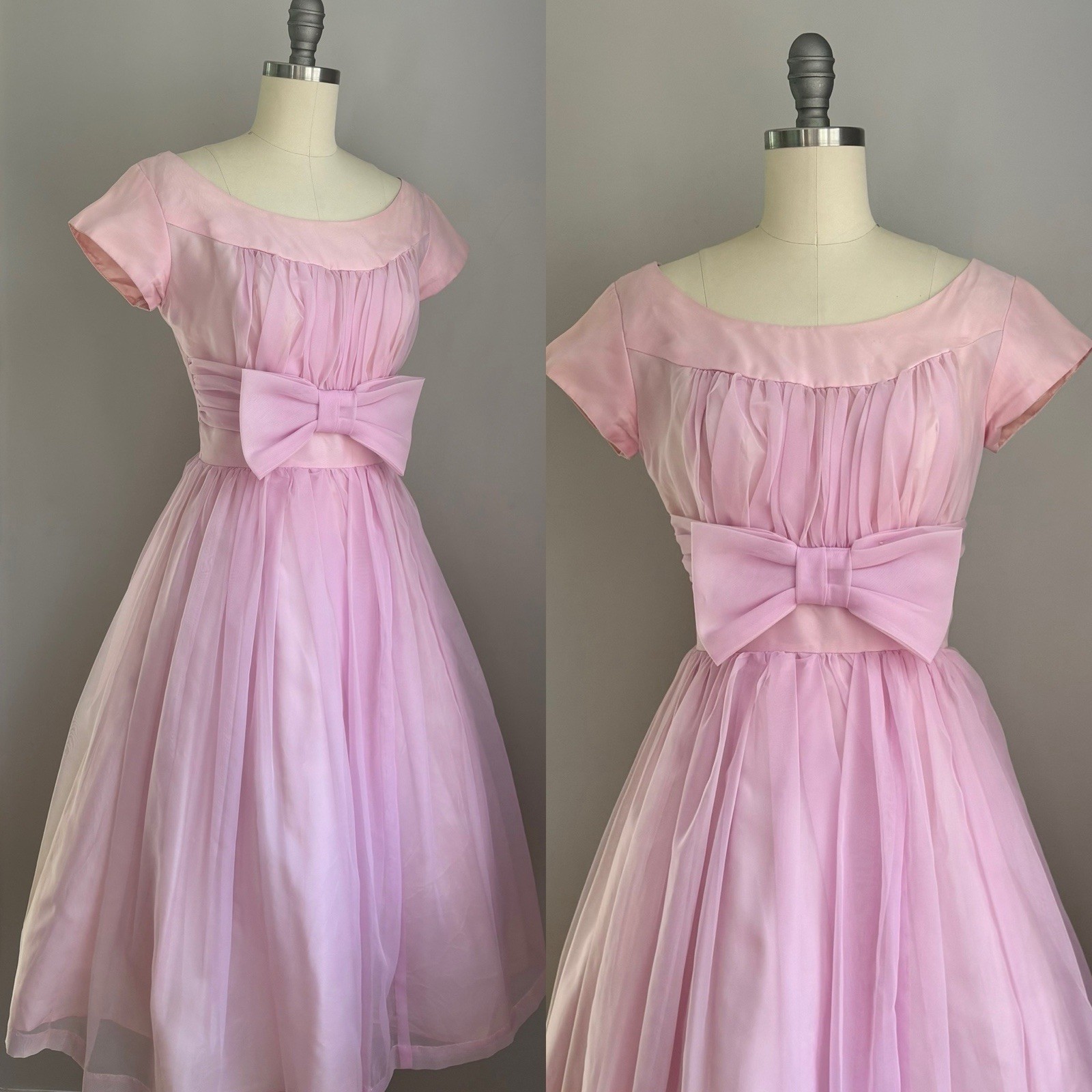 Vintage 1950’s Pink Chiffon Rockabilly Pinup Party Bow Dress XS