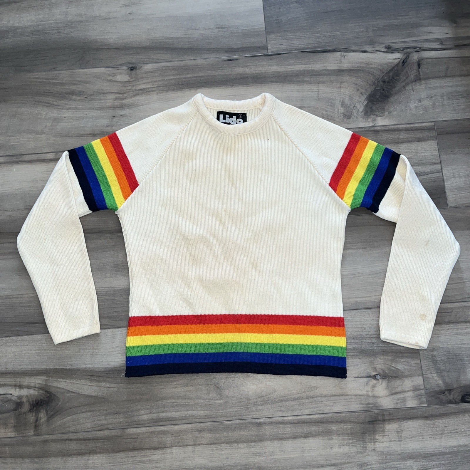 Vtg Lido California Women’s Short Sweater Wool Skiing Pride Rainbow Med Sm 80’s