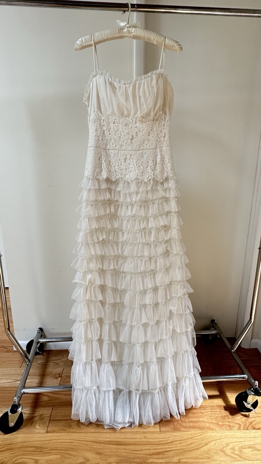 VTG 90s Jessica McClintock Gown Cami Tiered Ruffle Train Coquette Size 16 M/L