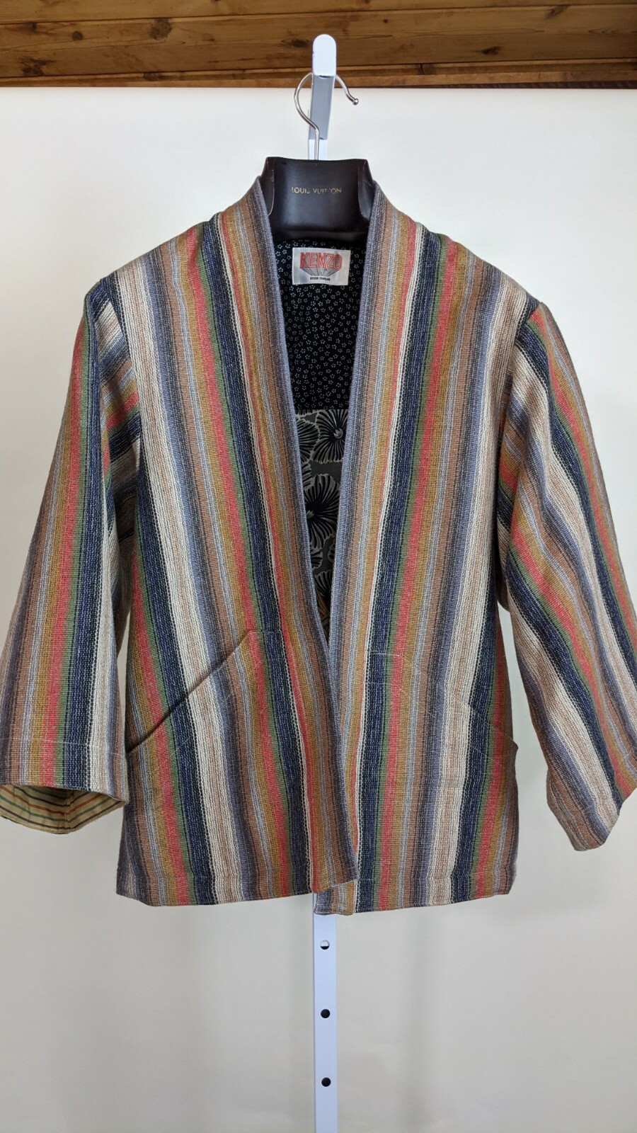 Kenzo Vintage 70s Multicolor Wool Stripe Floral Lining Tie Kimono Jacket France