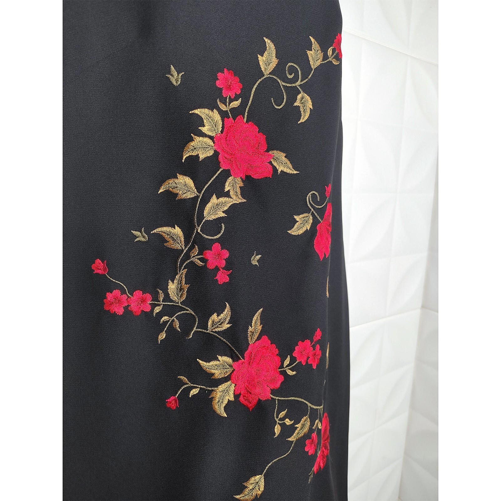 Vintage 90s Black Floral Dress Sheath Embroidered Whimsy Goth Jessica Howard M