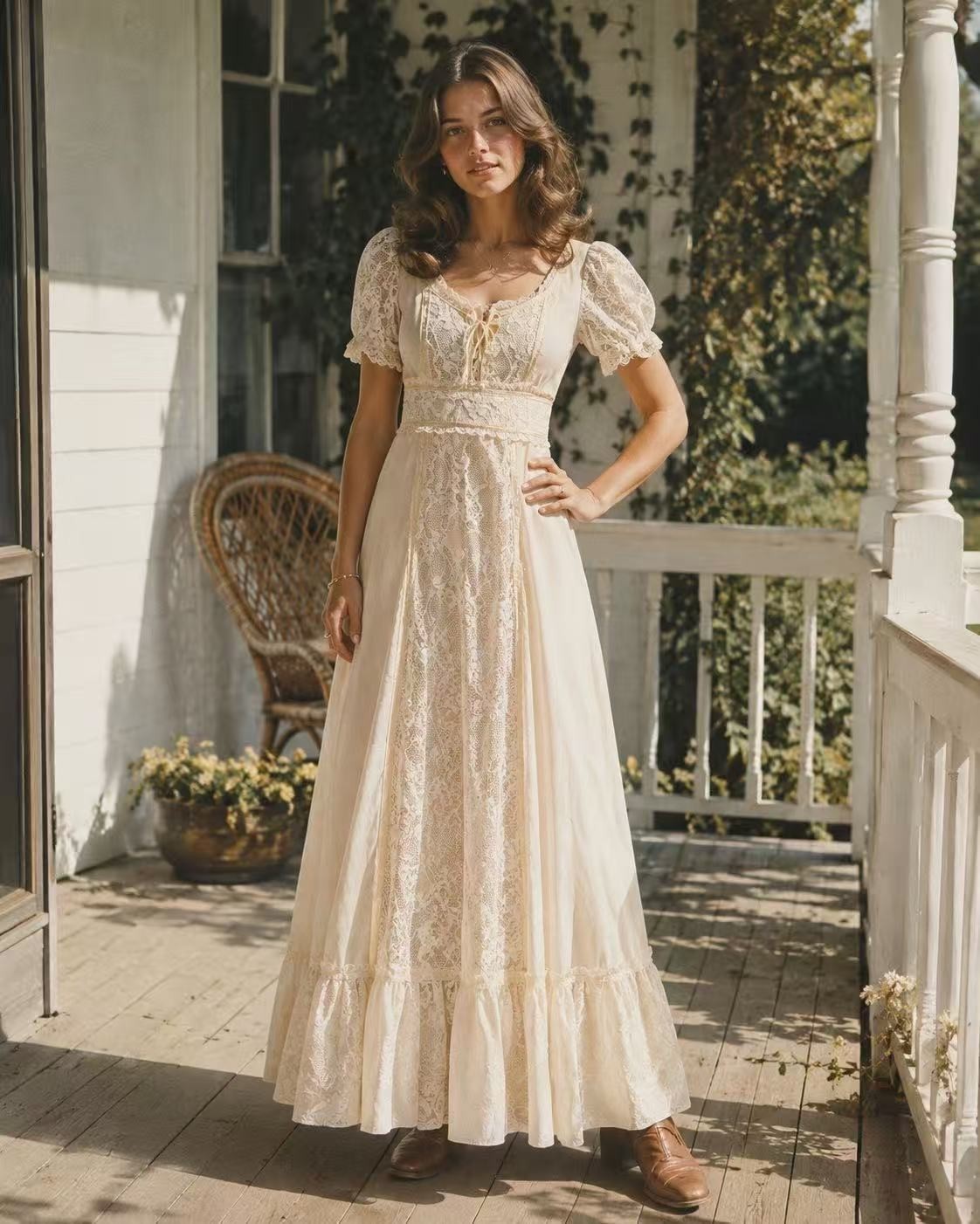 Vintage 70s Ivory Cream Lace Prairie Maxi Dress Size 11 Cottagecore Wedding Boho