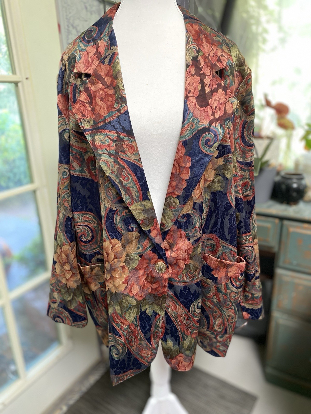 Joanna Vintage Long Floral Blazer One Button Retro Cottagecore Size 20W (e)