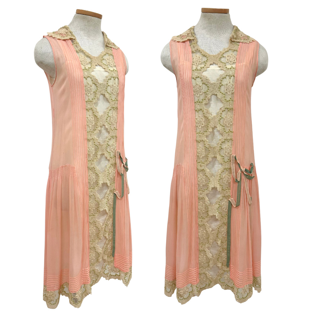 Antique 1920s Georgette Pink Silk Chiffon and Green Venetian Lace Pleated Dress