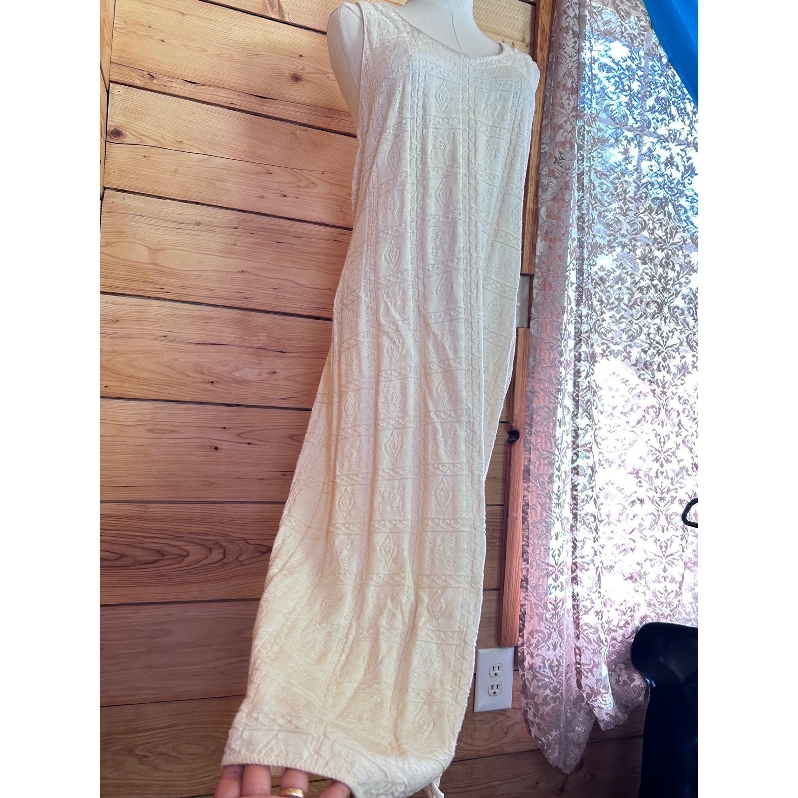 Vintage 100% Cotton Knit Maxi Dress Women Large Cream Crochet La Llama Canada