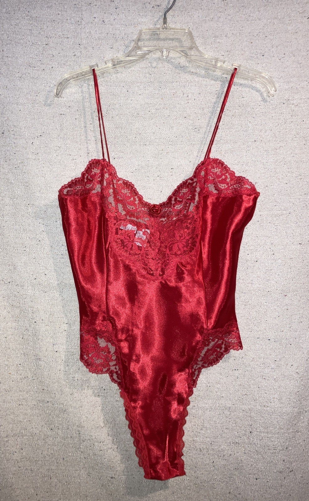 Vintage Cacique Red Satin Shiny Bodysuit Top Scallop Lace Trim Romper Coquette M