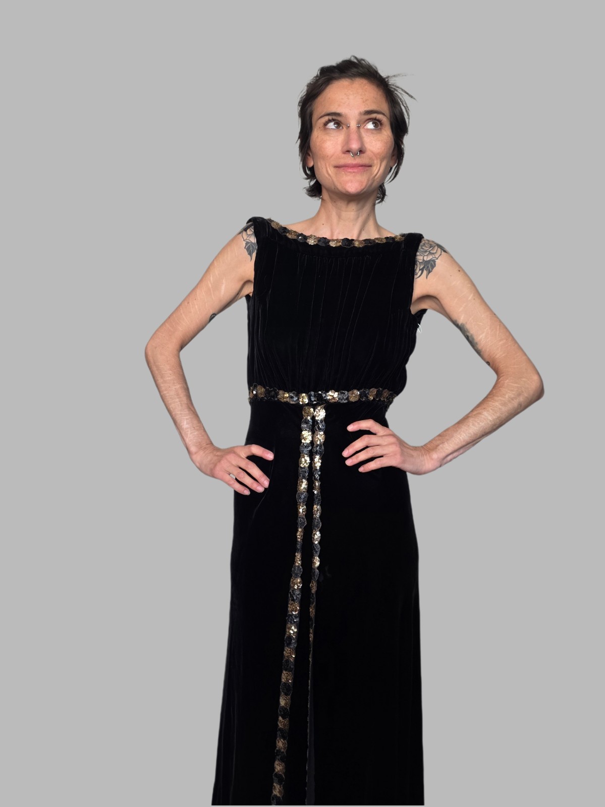 Authentic 1930s Black Velvet Evening Gown | Sequin Trim & Sash | Old…