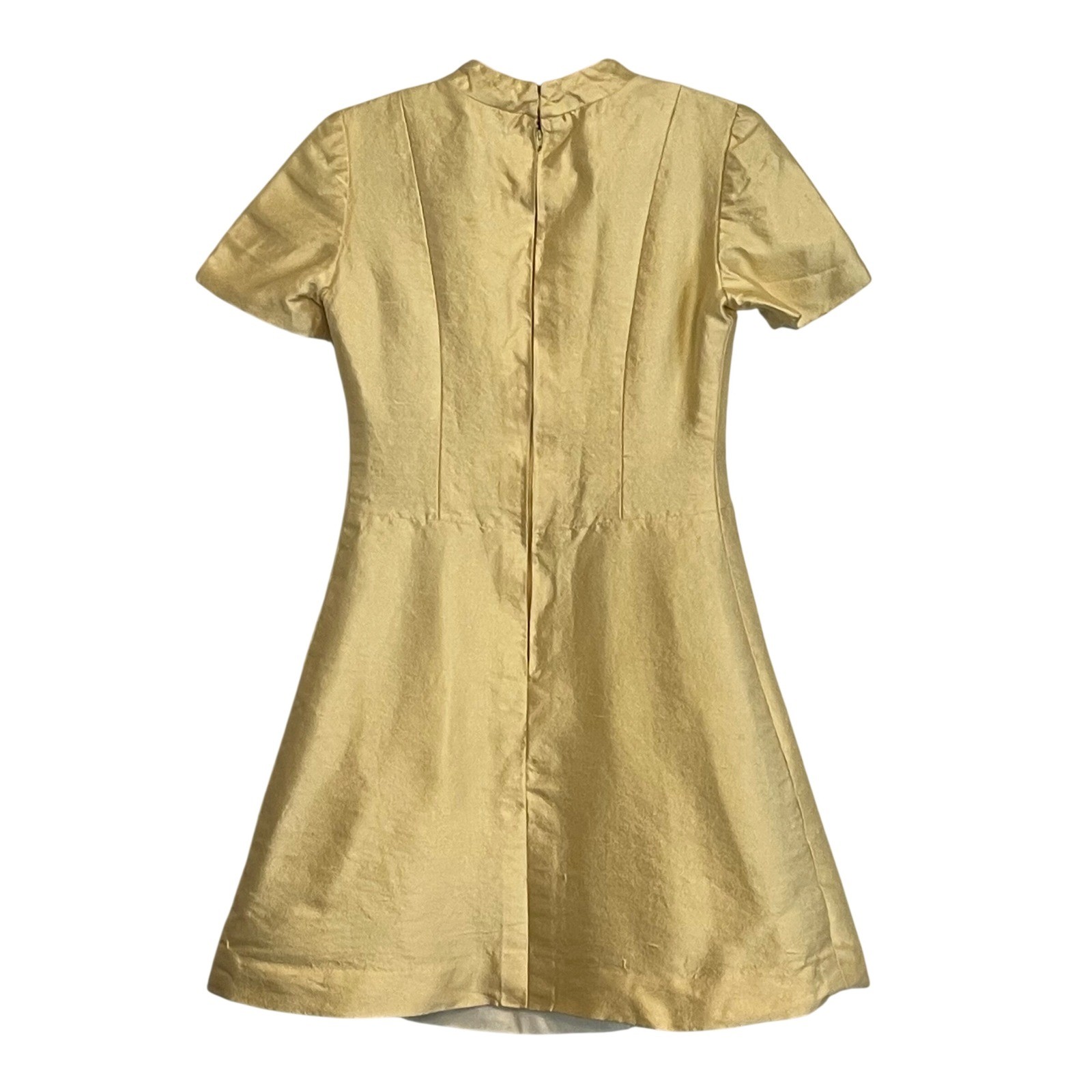 Vintage 60s Maxime of California Yellow Shantung Shift Dress Rhinestone Button