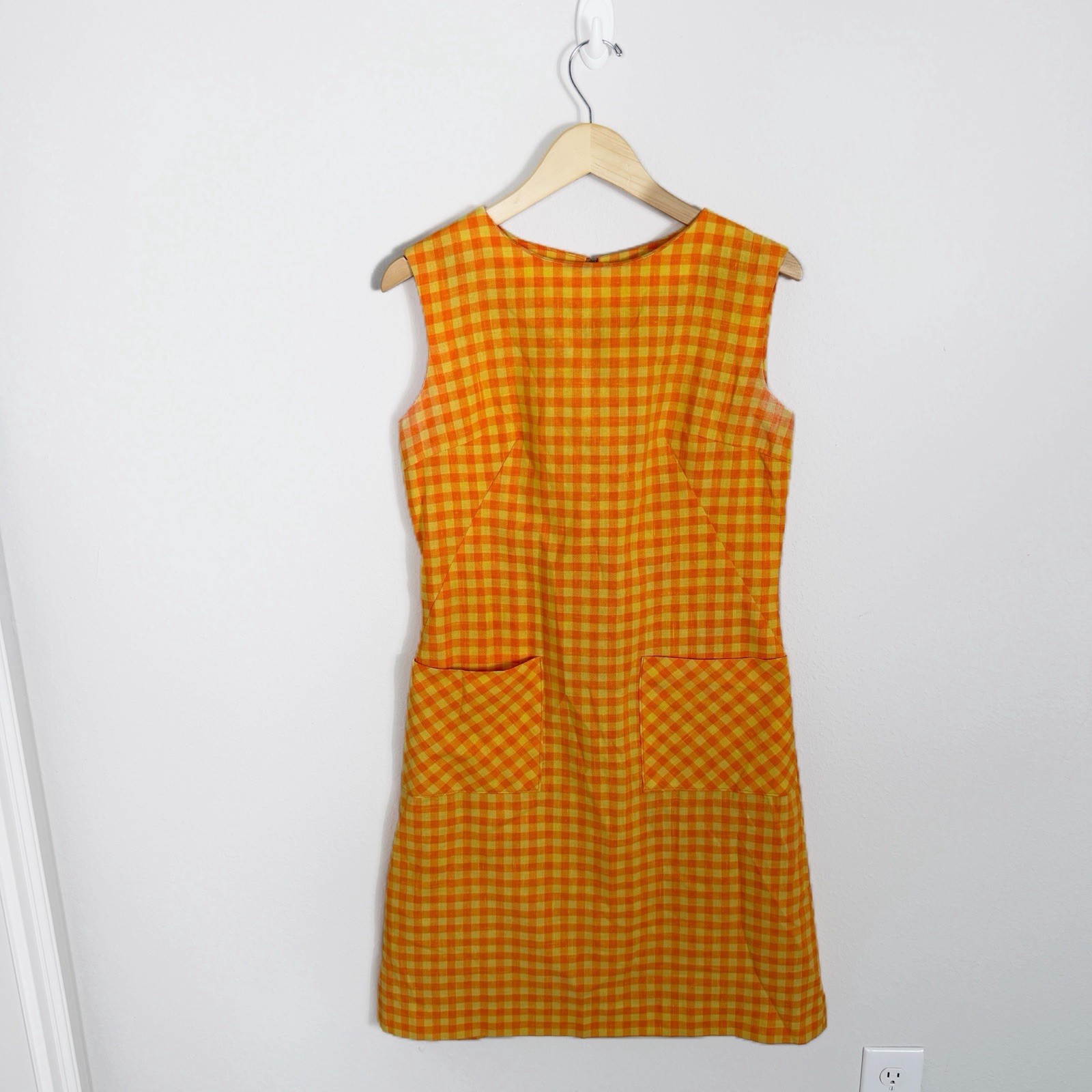 Vintage 1960s Mod Orange Checkered Shift Dress Women’s Size M/L