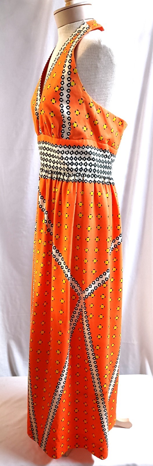 Vtg 60&rsquo;s- 70s Kiva Ltd Orange Multi Dot Print Halter Maxi Dress Vintage Size 14