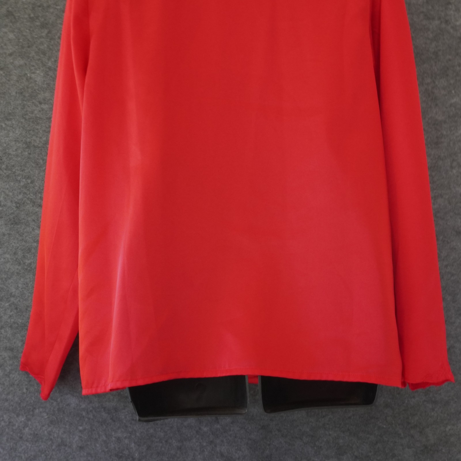 Vintage TJW Mervyns Satin Blouse 16 Red Mandarin Collar Lace Embroidered 80s Top