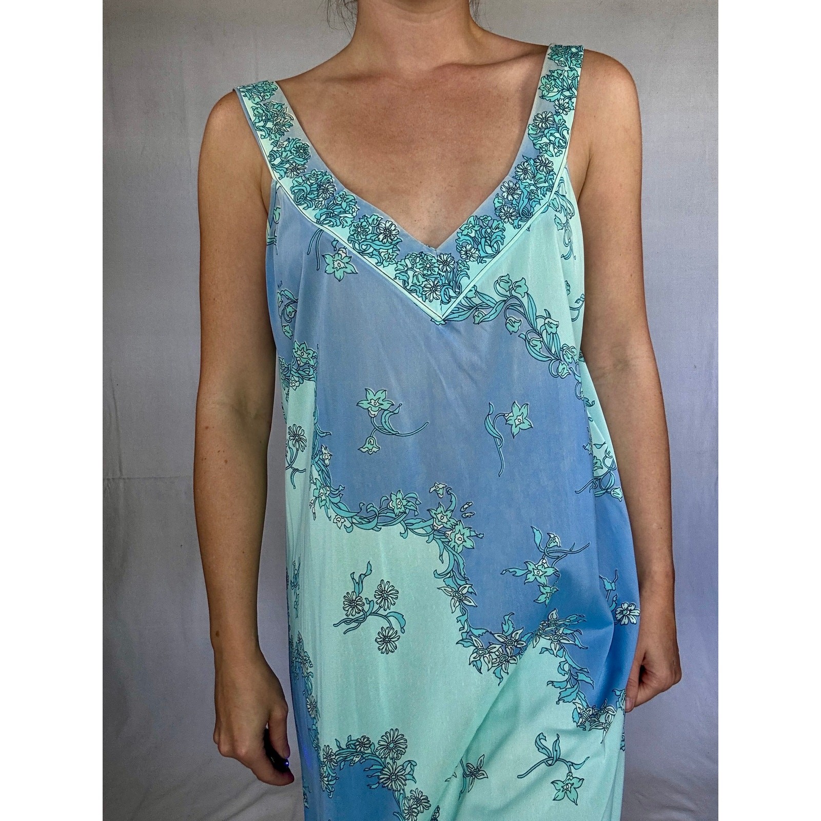 Vintage 1970s EMILIO PUCCI for Formfit Rogers Blue Floral Nylon Maxi Dress Slip