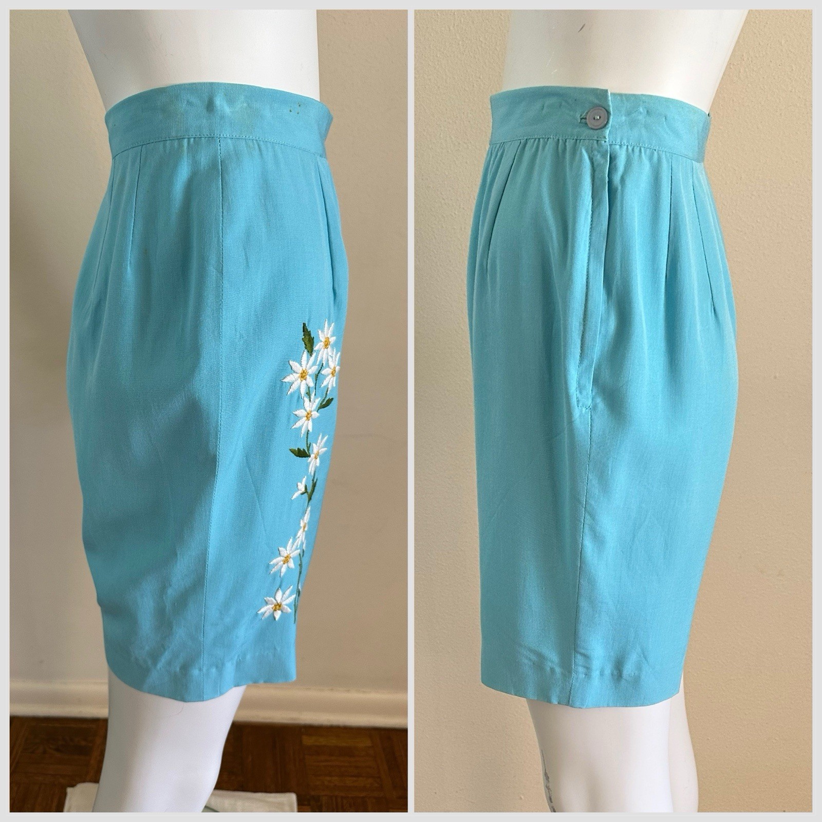 1940s Embroidered Daisy Floral Side Zip Shorts Helen Harper Rayon Resort VTG