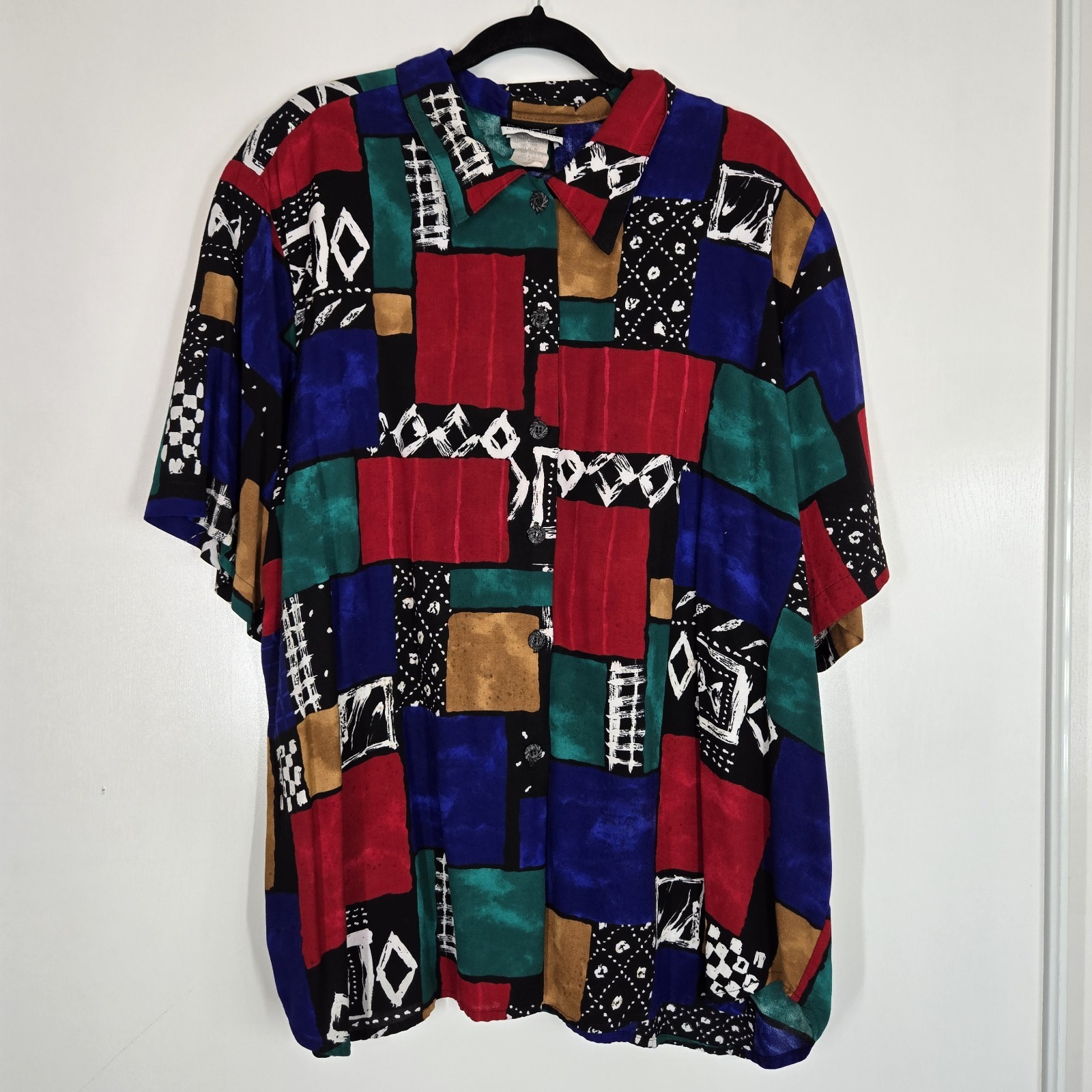 Vintage Caliche&rsquo; Abstract Retro Cubism Button Down Short Sleeve Blouse sz 44/24R