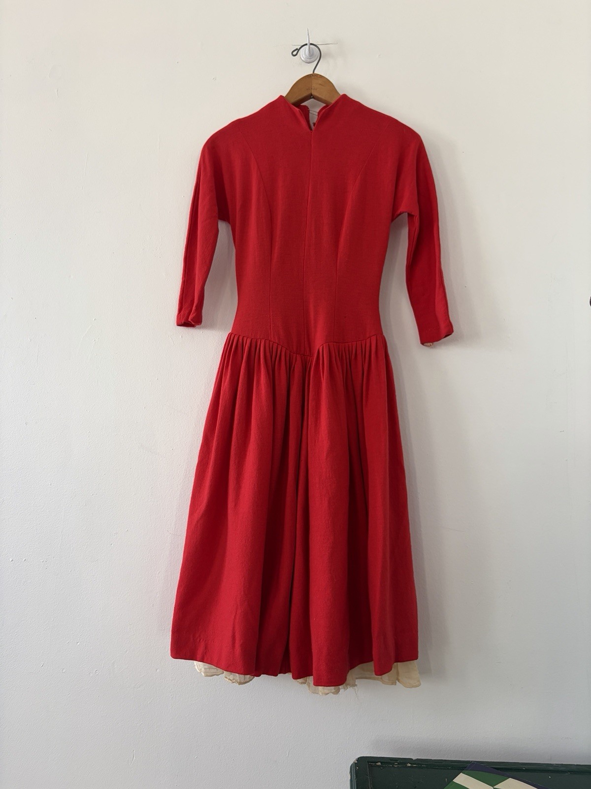 50s 40s Wool Basque Drop Waist Princess Seam Winter Day Dress Midi Full Skirt XS