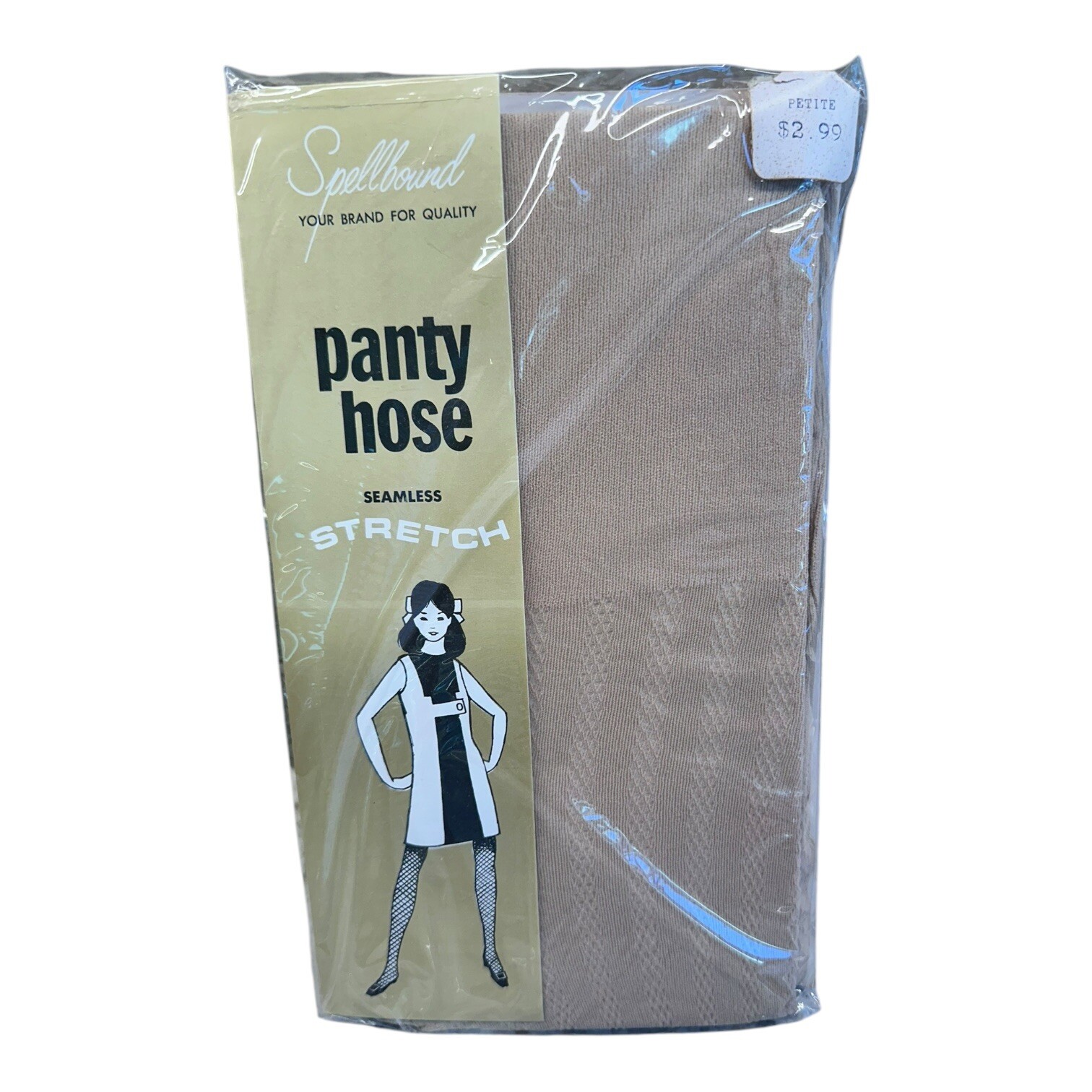 Vintage 60’s Spellbound Seamless Stretch Textured Pantyhose Tan Petite