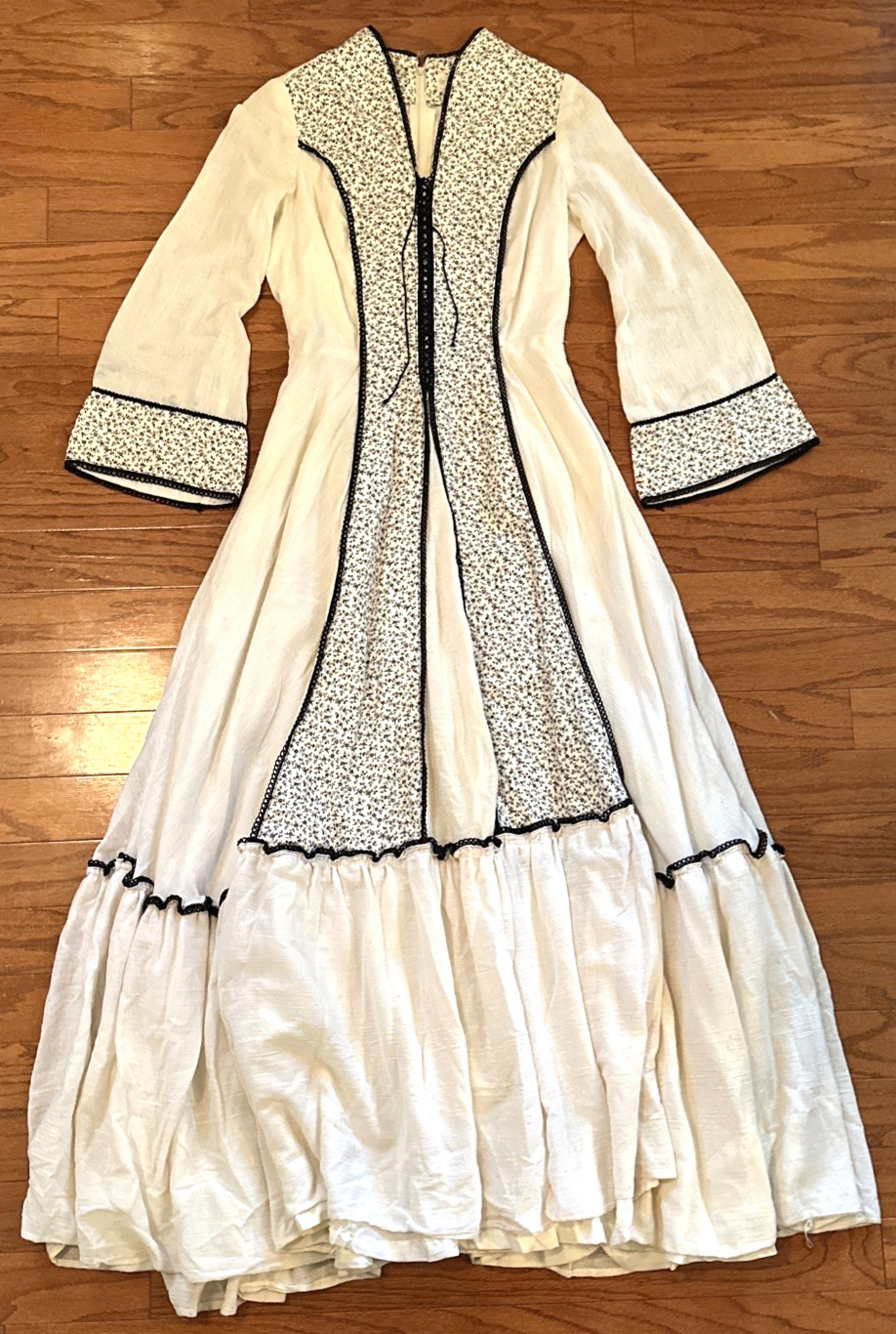 Vtg Handmade Dress 70s Boho Peasant Renaissance White Floral Long 6 8 S M