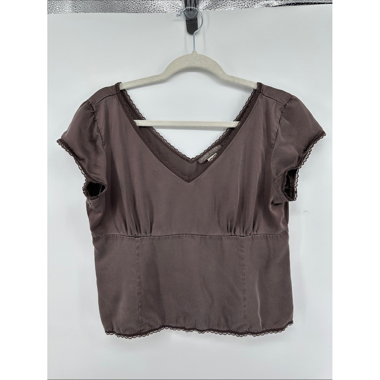 Sigrid Olsen Y2K VTG Fairycore Whimsigoth Brown V-Neck Short Sleeve Blouse Sz10P