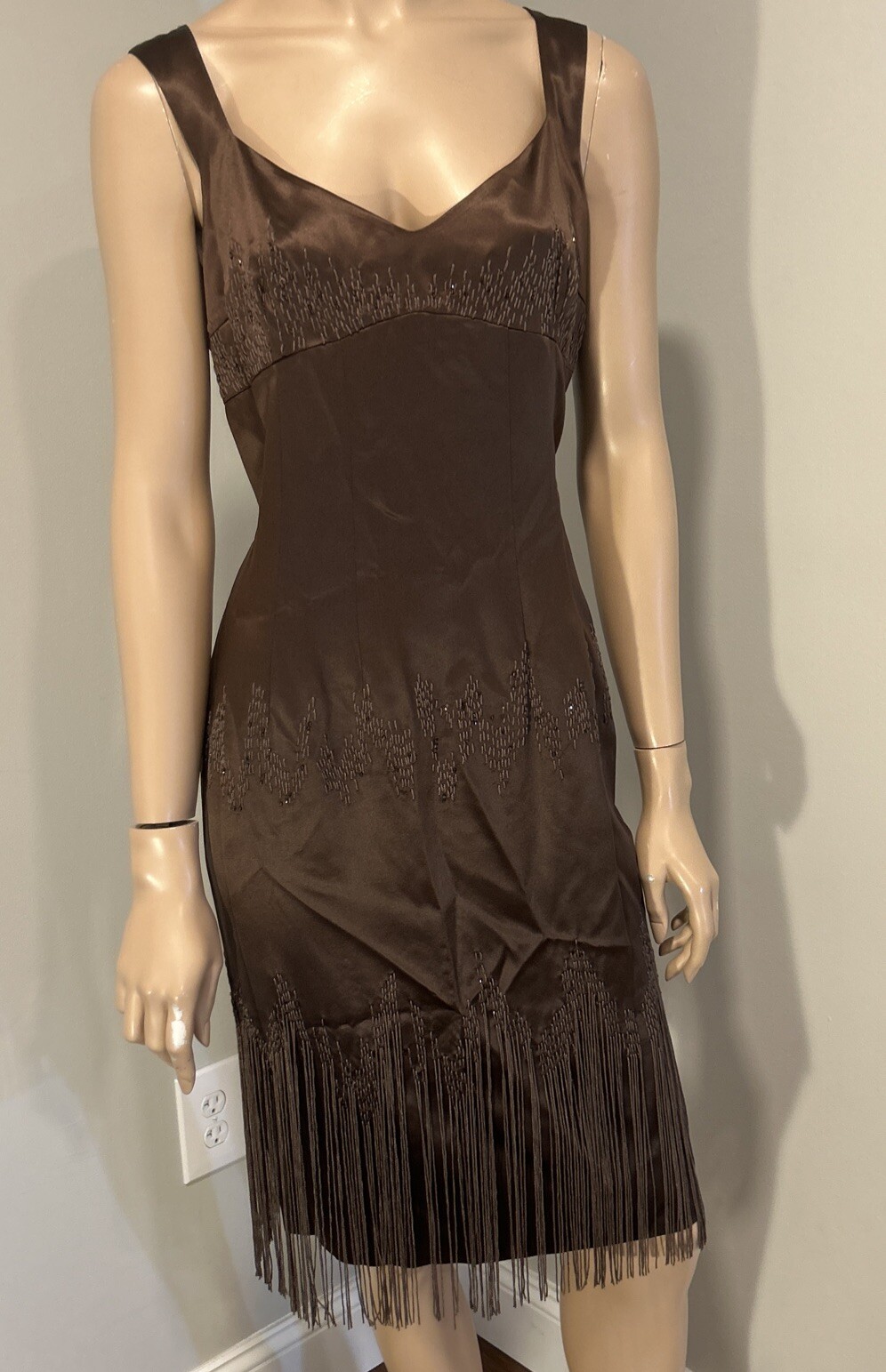 Papell Boutique Brown Silk Evening Dress Sz 10 Fringe Beaded Vintage