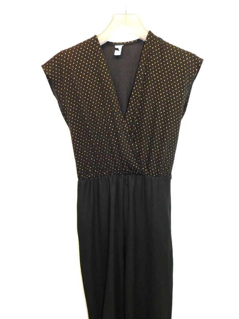 Vintage 70s S Black Copper Glitter Dot Jumpsuit Sheer Disco Dancing Short Sleeve
