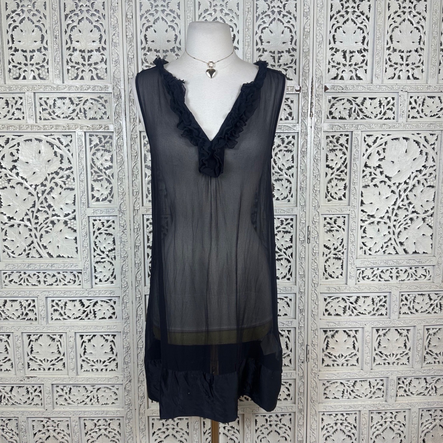 Vintage GAP Black Sheer 100% Silk Whimsygoth Ruffle Nightgown Dress Sz Medium