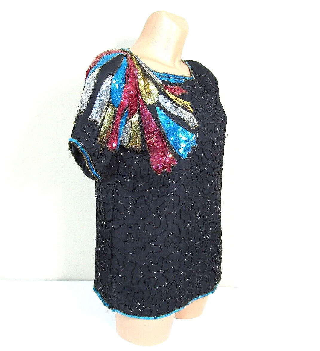 KAUR L Black Silk Vibrant Multicolor Sequined Beaded S/S Mardi Gras Party Top
