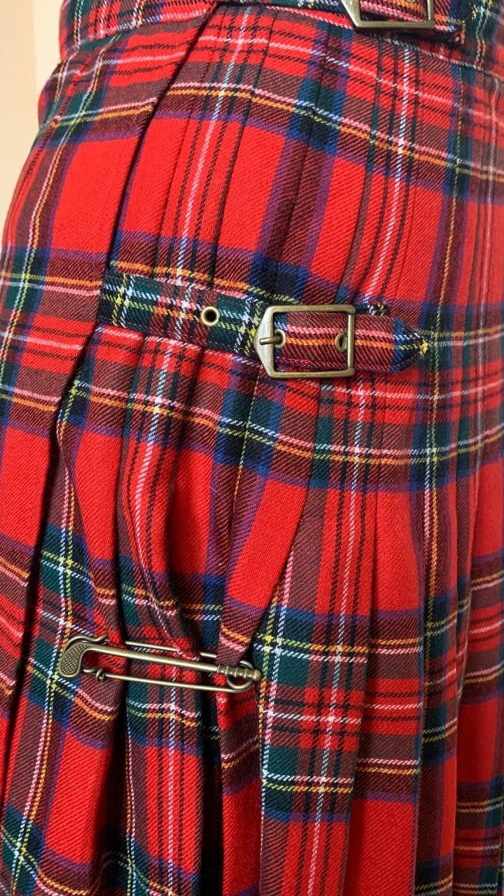 Vintage HIRSCH Scottish Kilt Skirt Pure New Wool Red Tartan Plaid Pleated EU 38
