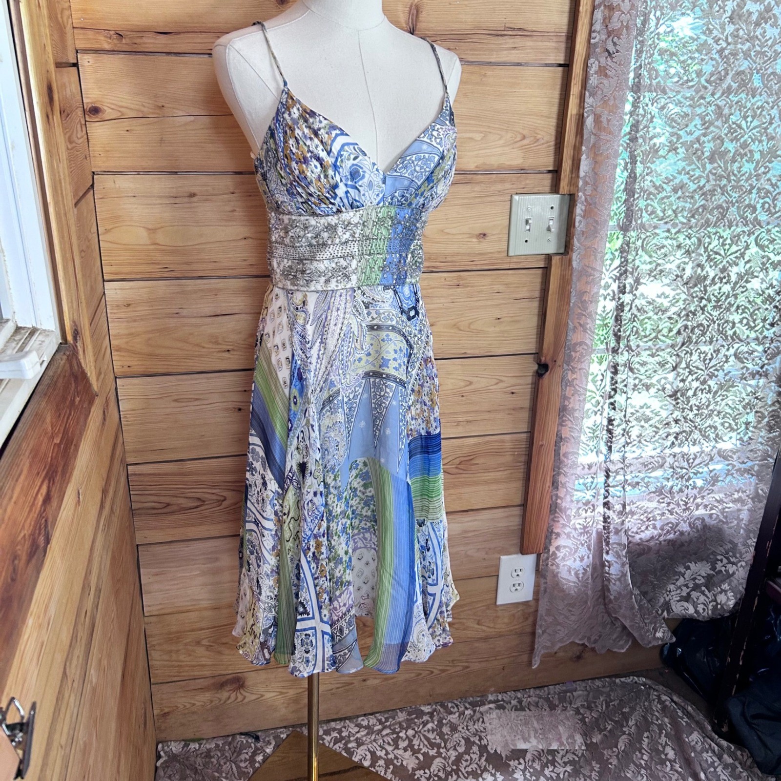Vintage 100% Silk Paisley Patchwork Dress Size 4 Blue Handkerchief JS Collection